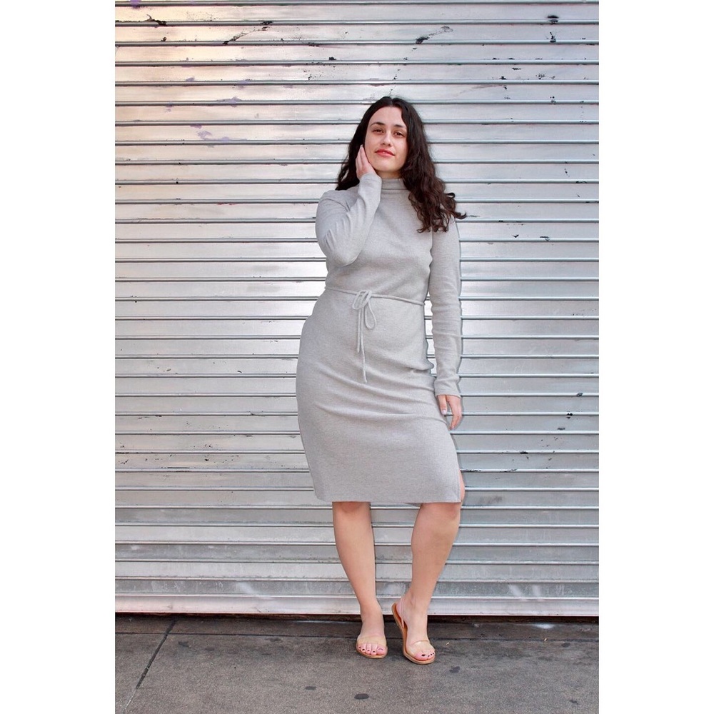 Gray long sleeve mock neck turtleneck sweater dress